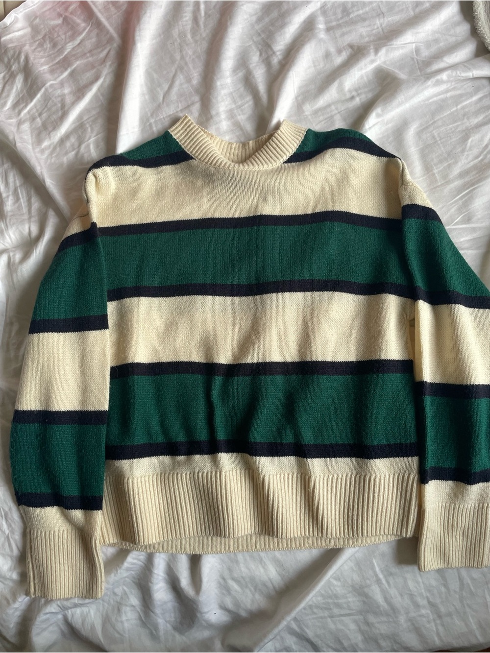 H&M Cream, Green and Black Striped Crewneck Sweater
